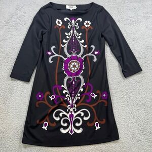 Tibi Black Floral Print 3/4‎ Sleeve Shift Dress Women's Size S